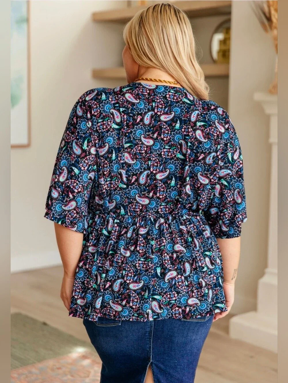 Plus-Size Paisley V-Neck Tunic Top - Navy/Multi
